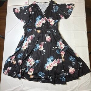 Nemidor Womens Plus Size 20 Floral Wrap V-Neck Flutter Sleeve Midi Dress Black